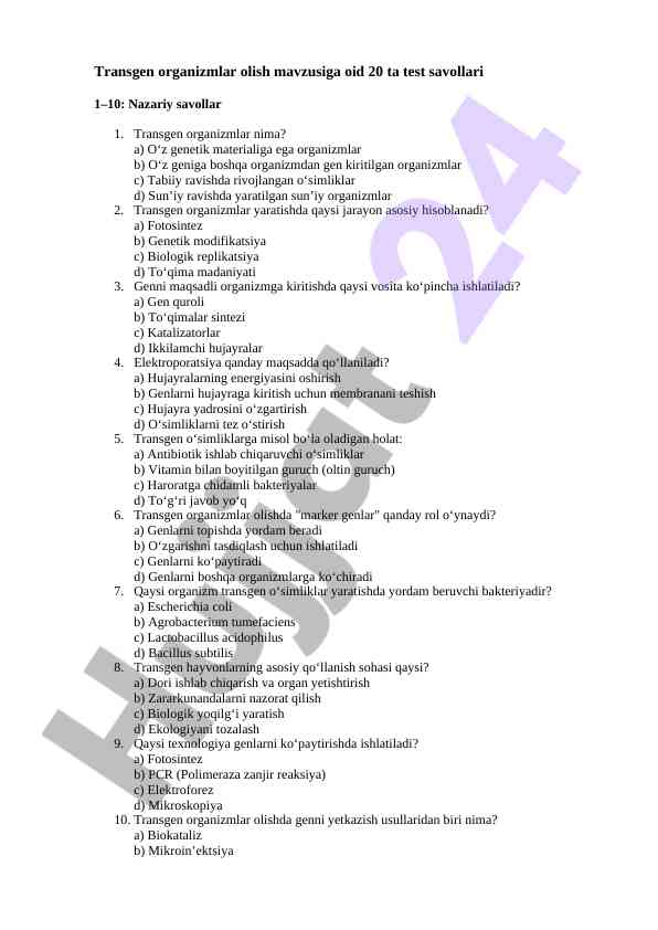 Transgen organizmlar bilan bog‘liq test savollari