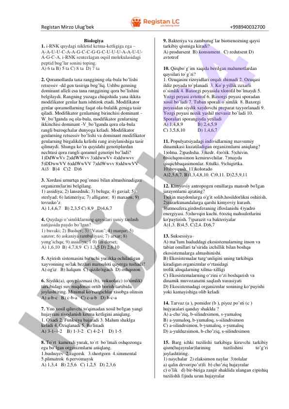Biologiya darsiga oid savollar va genotiplar