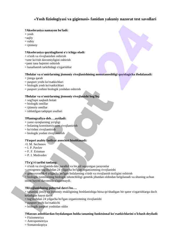 Yosh fiziologiyasi va gigienasi test savollari