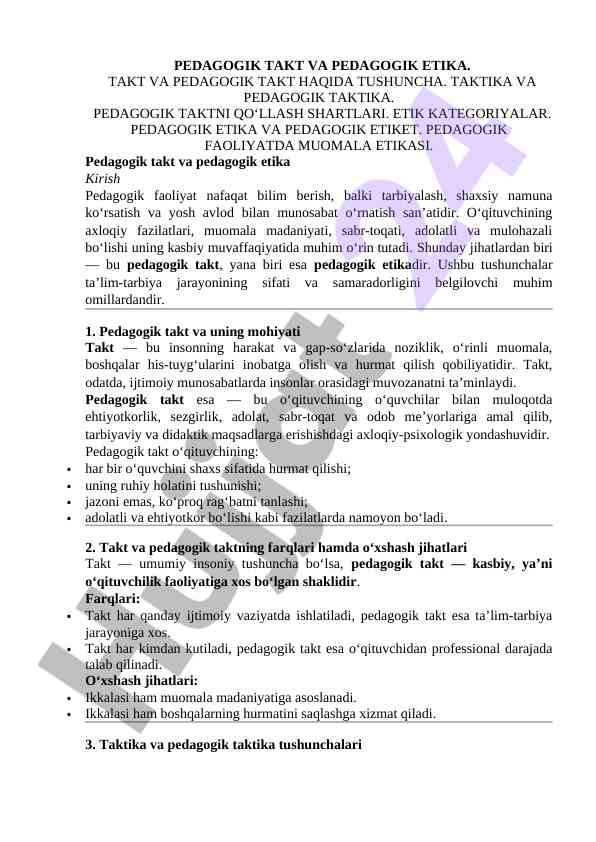 Pedagogik takt va etika: tushuncha va qoidalar