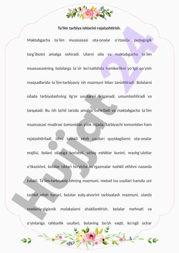Maktabgacha ta'limda tarbiya ishlarini rejalashtirish