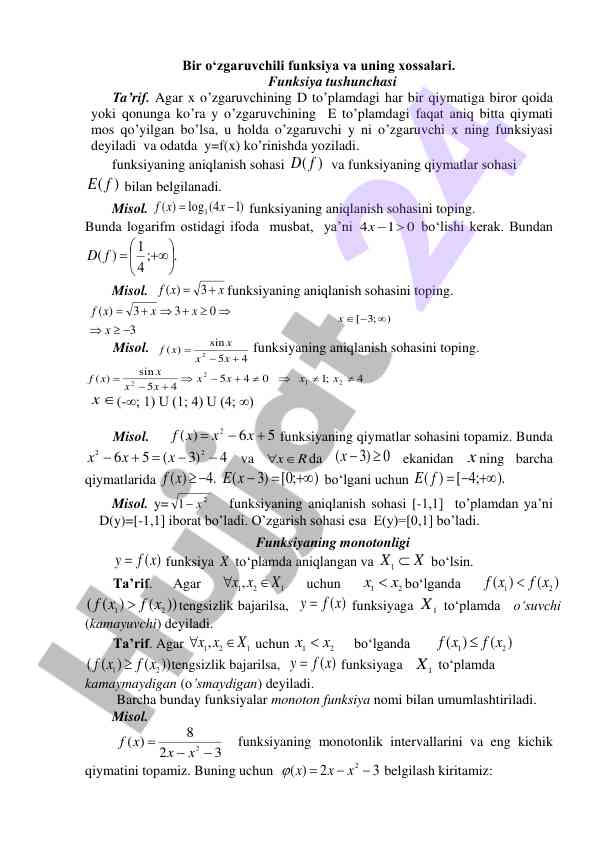 O'zgaruvchili funksiya va uning xossalari