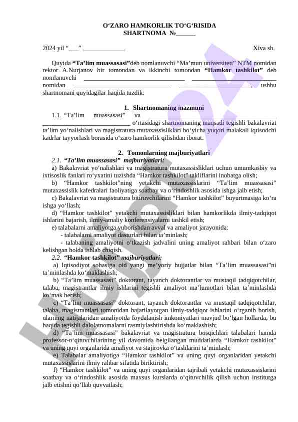 O‘zaro hamkorlik shartnomasi o‘rganish muhiti