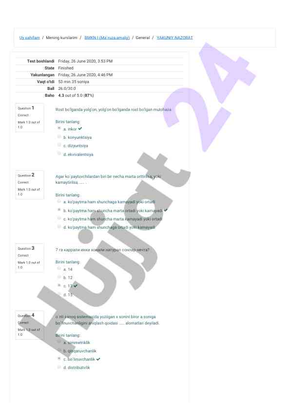 Final test results for bmkn i course
