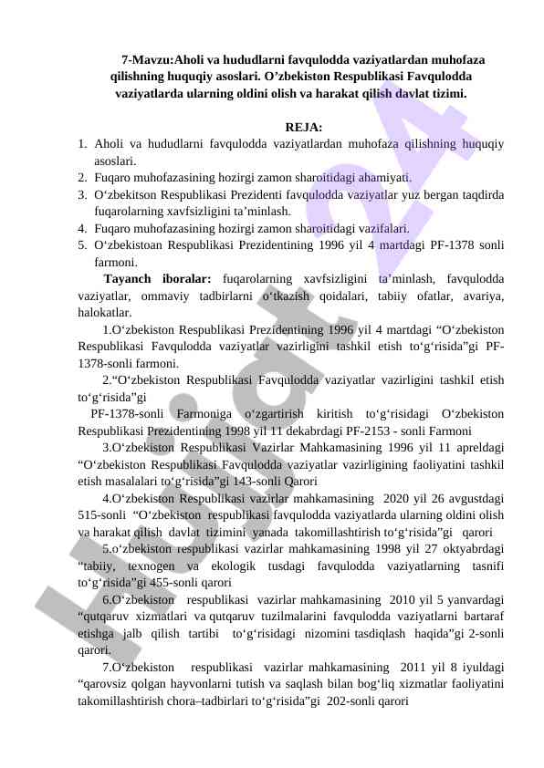 Favqulodda vaziyatlardan aholi himoyasi asoslari