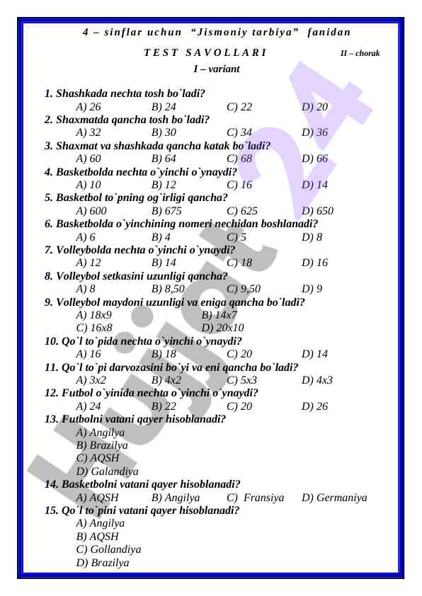 4-sinflar uchun jismoniy tarbiya fanidan testlar