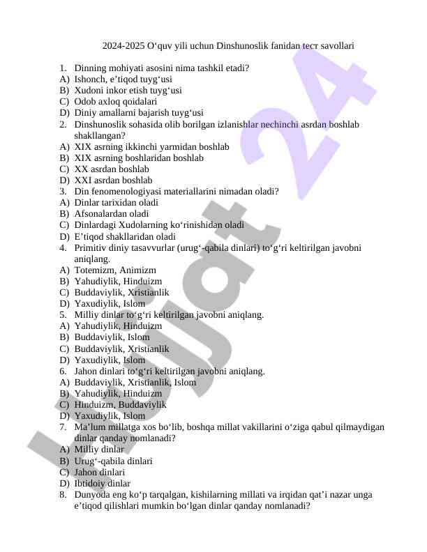 Dinshunoslik fanidan test savollari 2024-2025