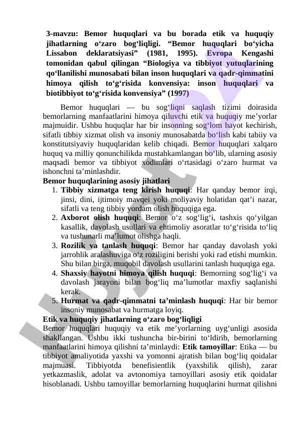 Bemor huquqlari va etik jihatlar mavzusi