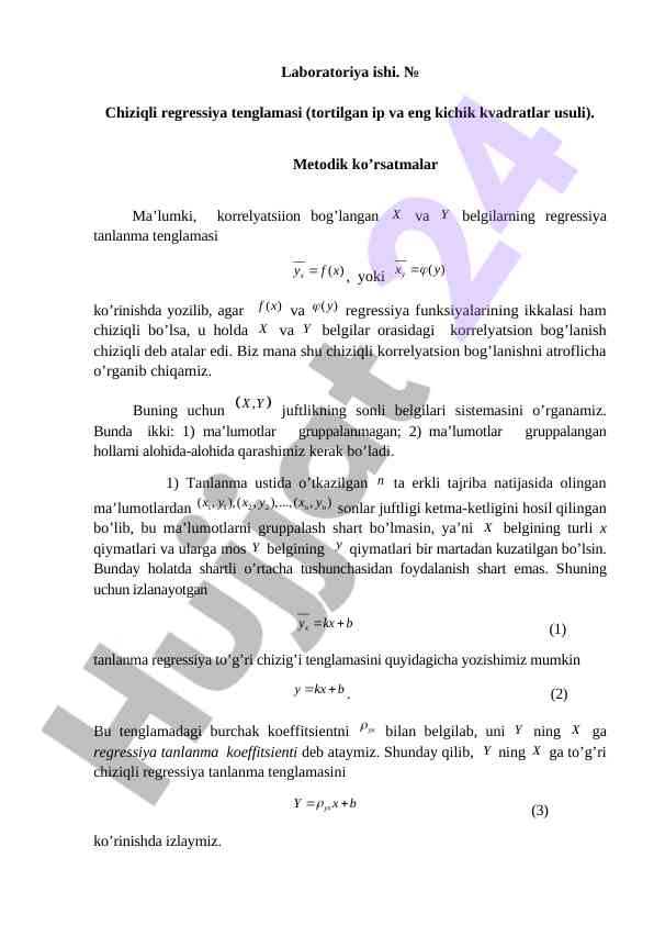 Chiziqli regressiya tenglamalari o’rganish