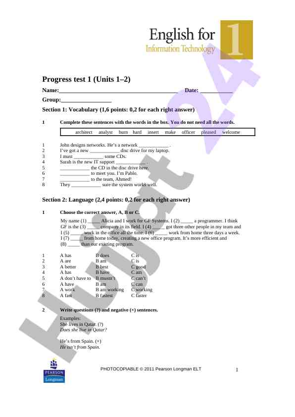 Progress Test 1 (Units 1–2)