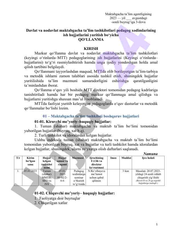 Maktabgacha taʼlim tashkilotlari uchun hujjatlar qoʻllanma