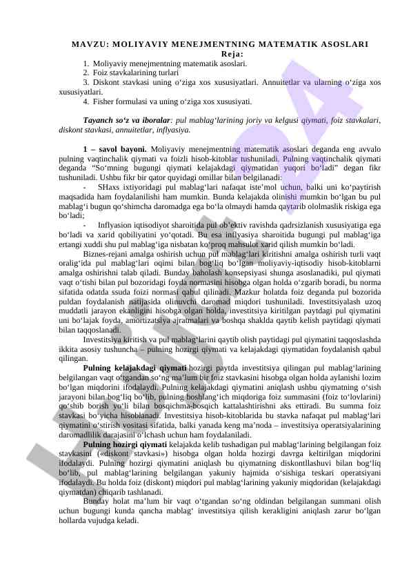 Moliyaviy menejmentning matematik asoslari tahlili
