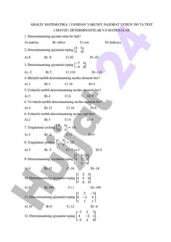 Amaliy matematika 1 fanidan yakuniy nazorat testi