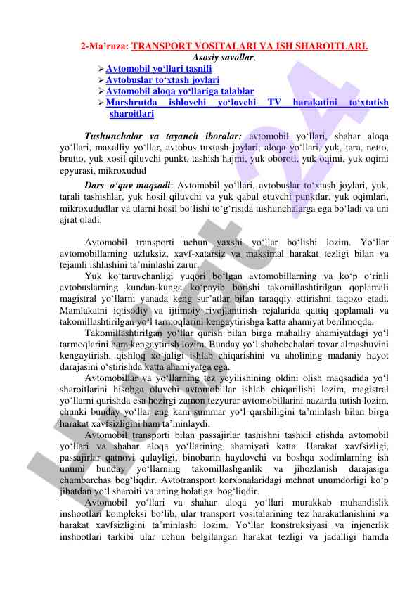 Transport vositalari va ish sharoitlari ma'ruzasi