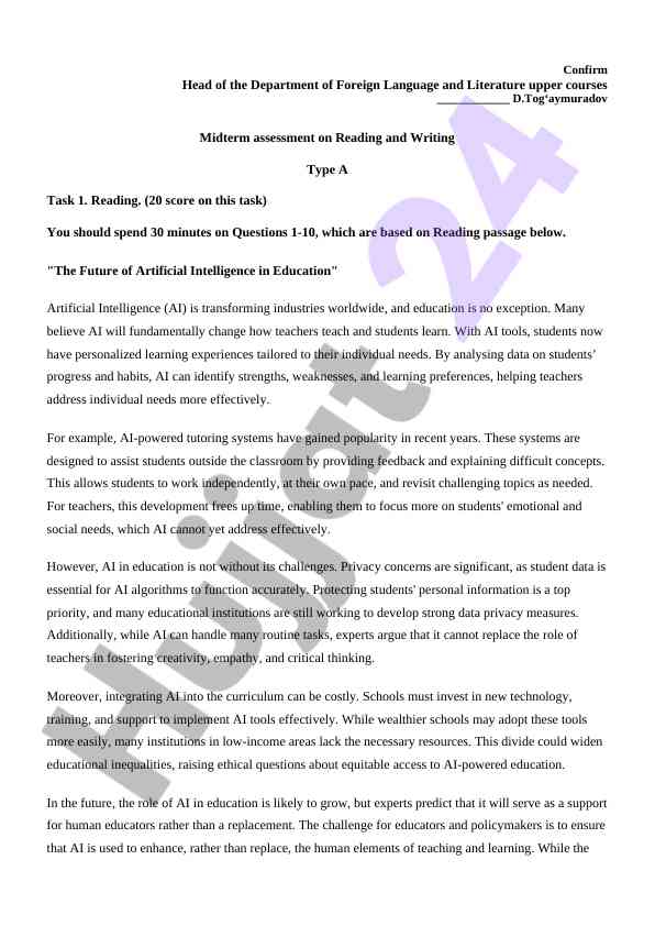 Midterm assessment on reading and writing in education