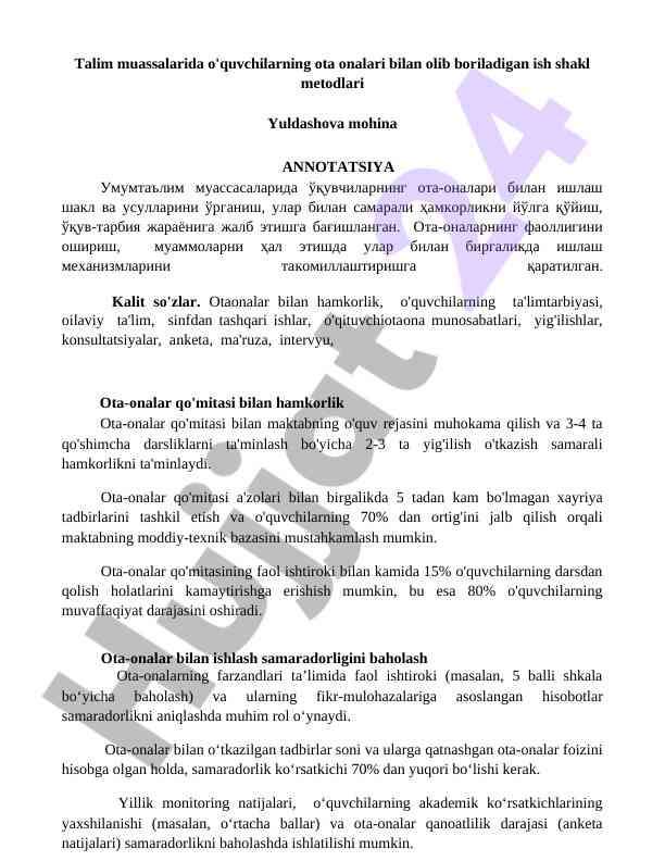 Ota-onalar bilan hamkorlik metodlari