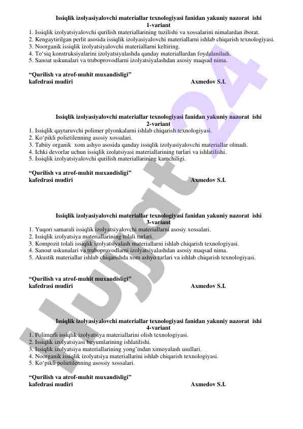 Issiqlik izolyasiyalovchi materiallar texnologiyasi nazorat