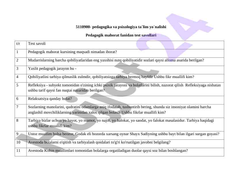 Pedagogik mahorat test savollari