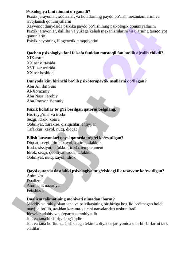 Psixologiya fani va uning asosiy tamoyillari