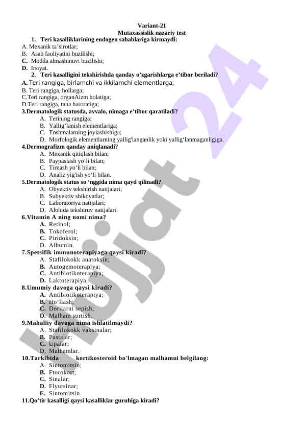Teri kasalliklari bo'yicha nazariy test variant-21
