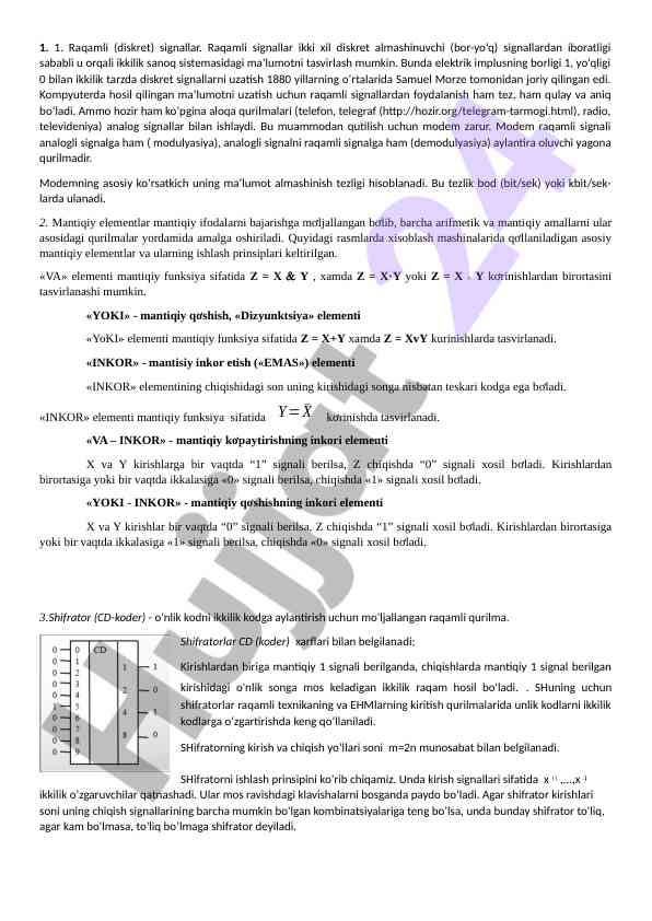 Raqamli signallar va mantiqiy elementlar tahlili