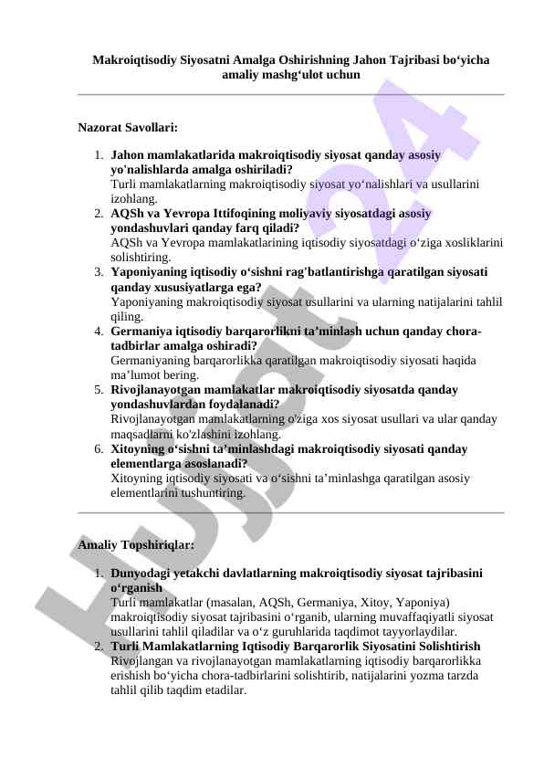 Makroiqtisodiy siyosatni amalga oshirish tajribalari