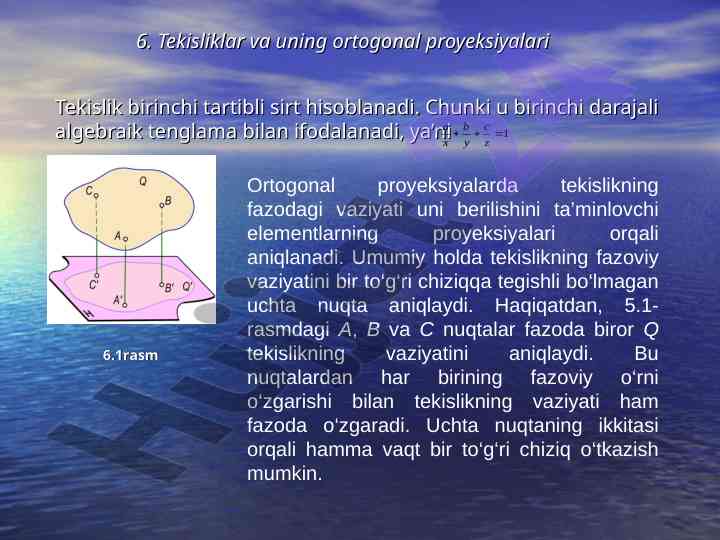 Tekisliklar va ortogonal proyeksiyalar tahlili