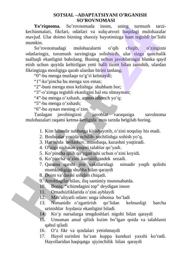 Sotsial adaptatsiyani o'rganish so'rovnomasi yo'riqnoma