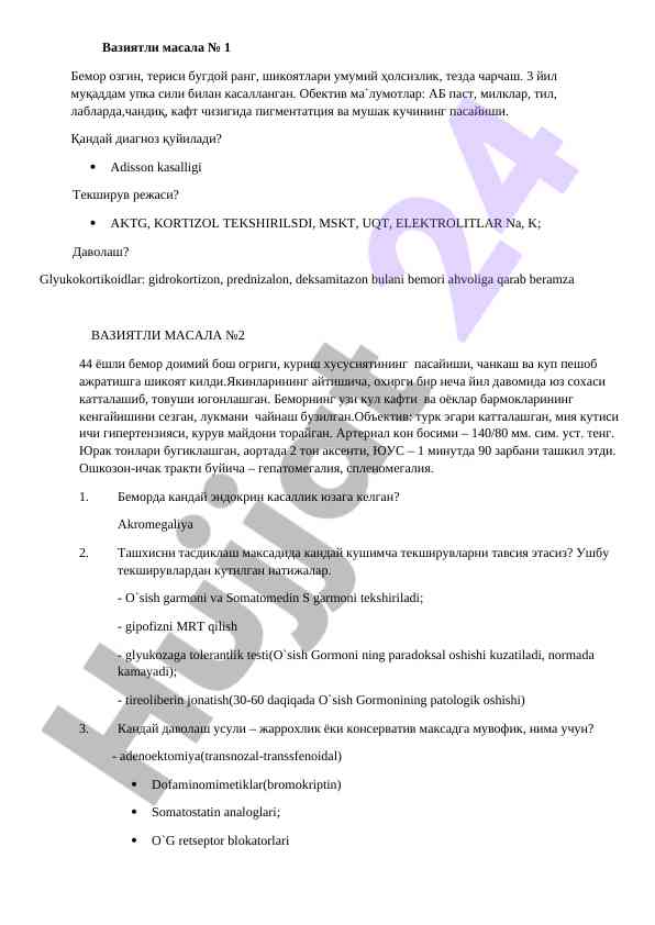 Diagnostika va davolash rejasi bemorlar uchun