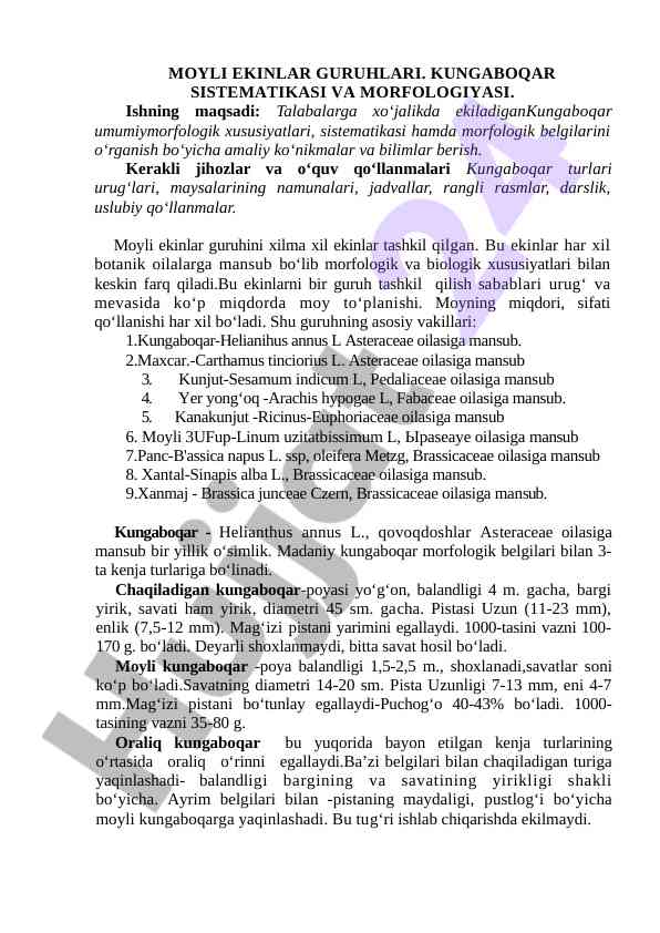 Moyli ekinlar guruhlari va kungaboqar tahlili