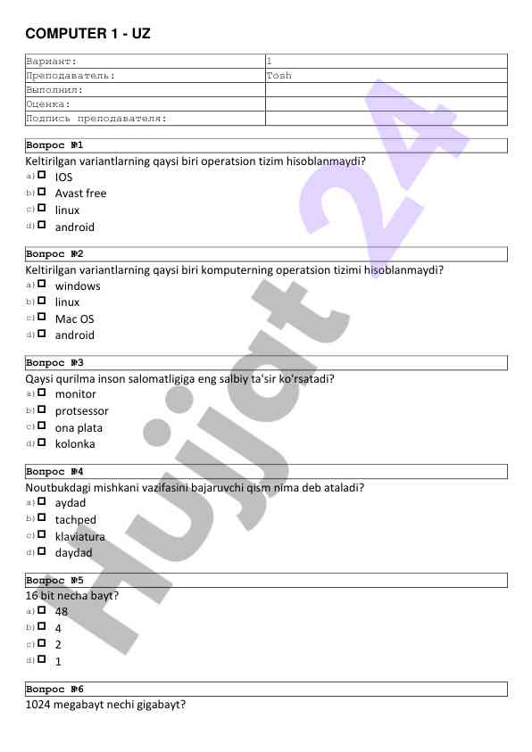 Kompyuter operatsion tizimlari test savollari