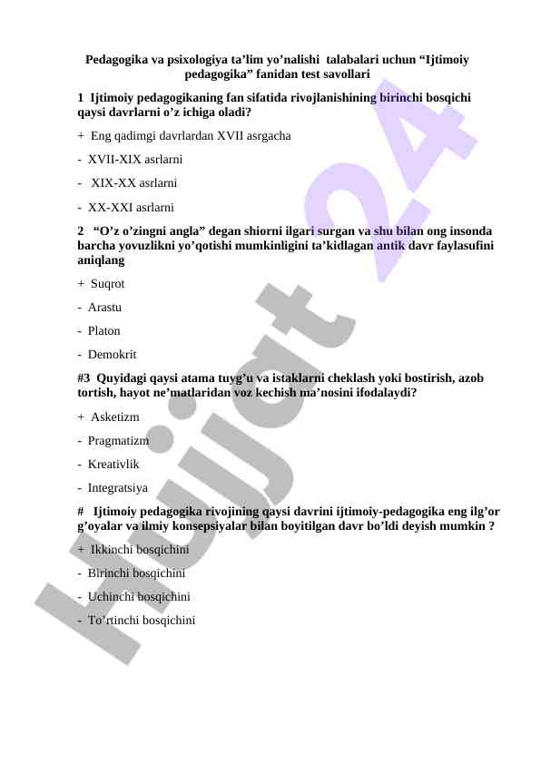 Ijtimoiy Pedagogikadan Test Savollari