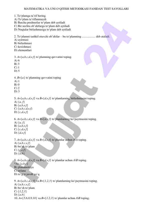 Matematika va uni o‘qitish metodikasi fanidan testlar