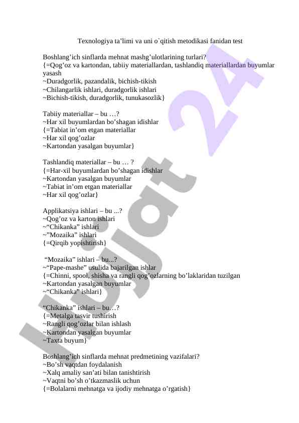 Boshlang‘ich sinflarda mehnat mashg‘ulotlari testi