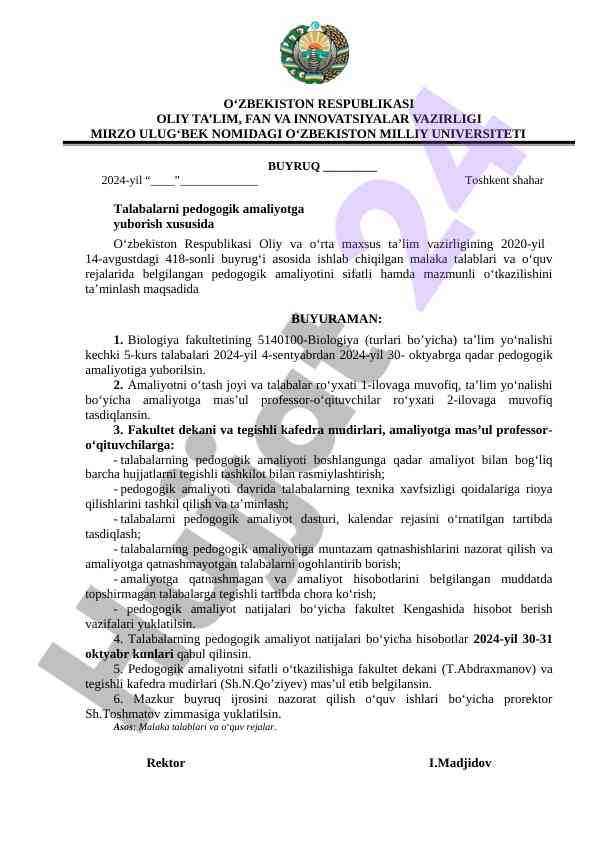 Pedogogik amaliyotga yuborish buyruqi 2024