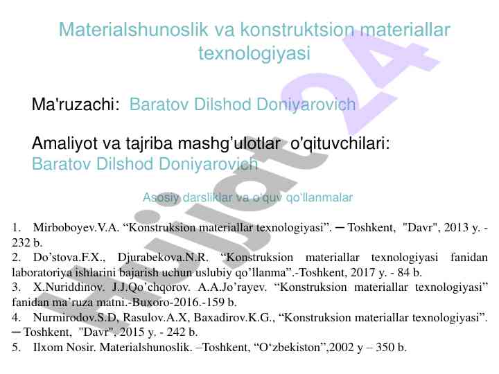 Konstruksion materiallar texnologiyasi dars ishlanmalari