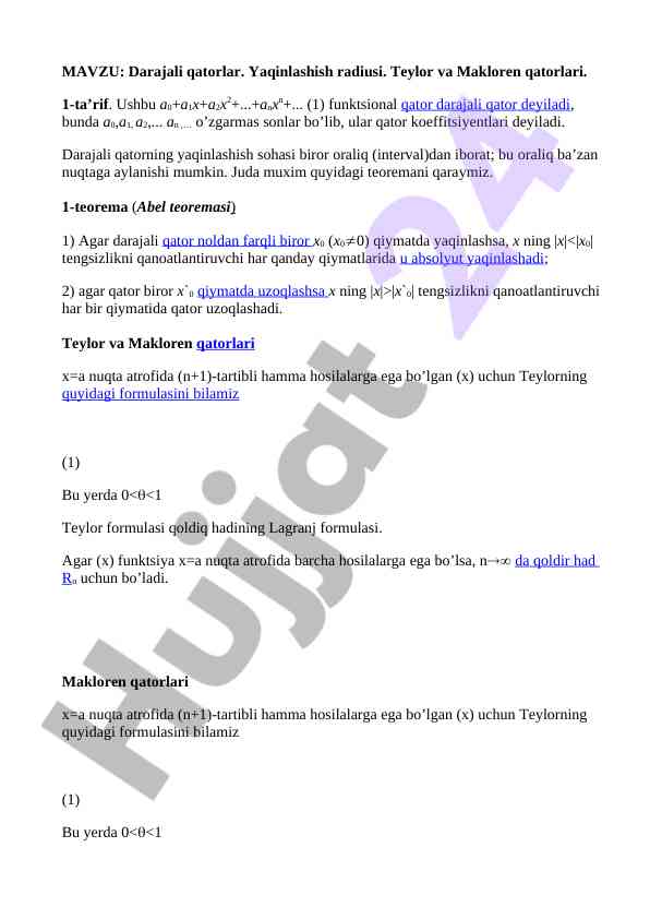 Darajali qatorlar va ularning yaqinlashishi