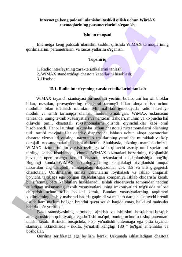 Wimax tarmoqlarining parametrlarini o'rganish
