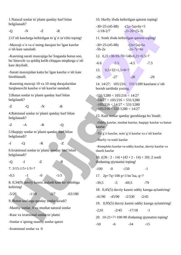 O'nli kasrlar va butun sonlarga doir savollar