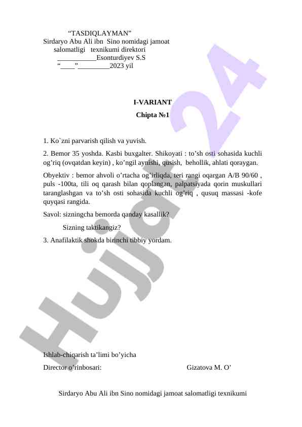 Hamshiralik ishi uchun kasbiy amaliy imtixon savollari