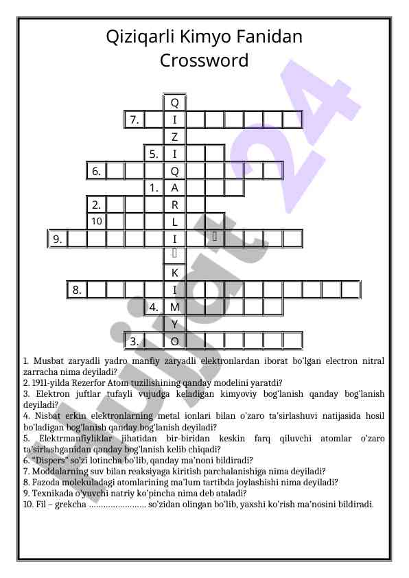 Qiziqarli kimyo fanidan crossword savollari