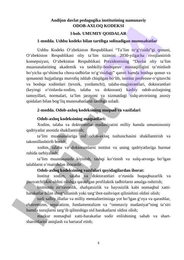 Odob-axloq kodeksi umumiy qoidalar bilan tanishtirish