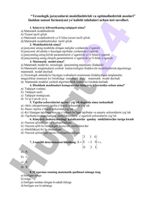 Texnologik jarayonlarni modellashtirish test savollari