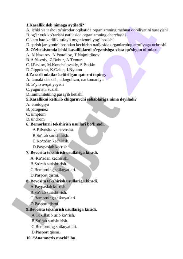 Kasalliklar, ularning sabablari va tekshirish usullari