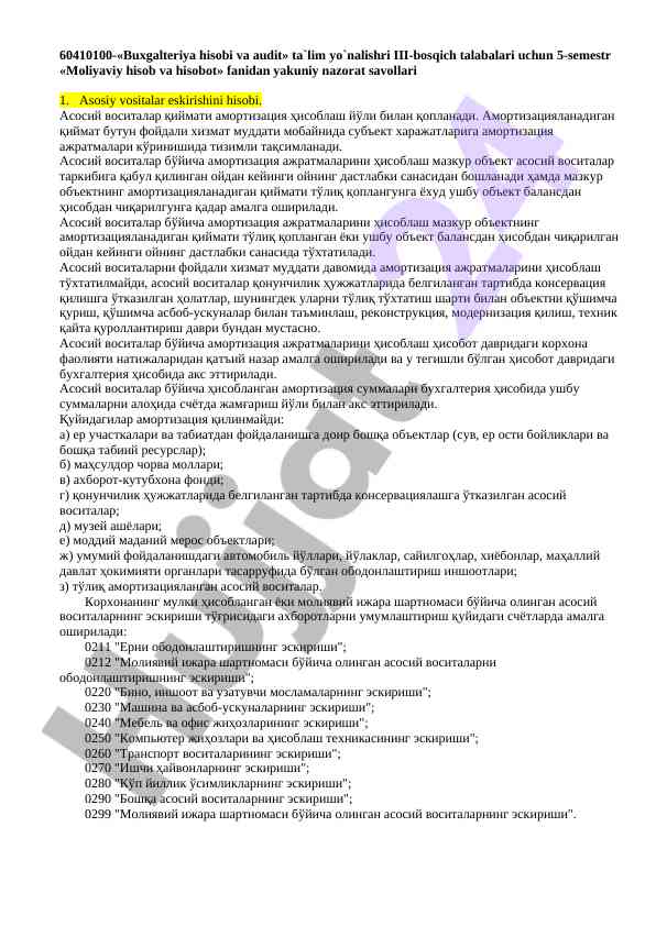 Moliyaviy hisob va hisobot savollari talabalarga
