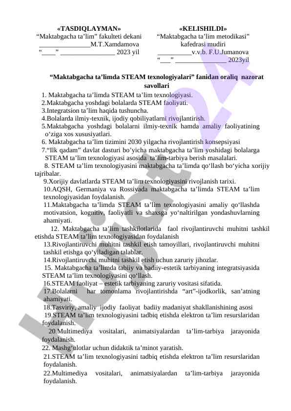 Maktabgacha ta’limda steam texnologiyalari savollari