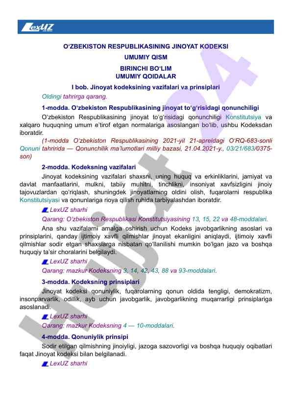 Jinoyat kodeksining vazifalari va prinsiplari