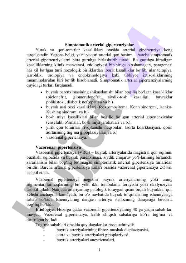 Simptomatik arterial gipertenziyalarning turlari