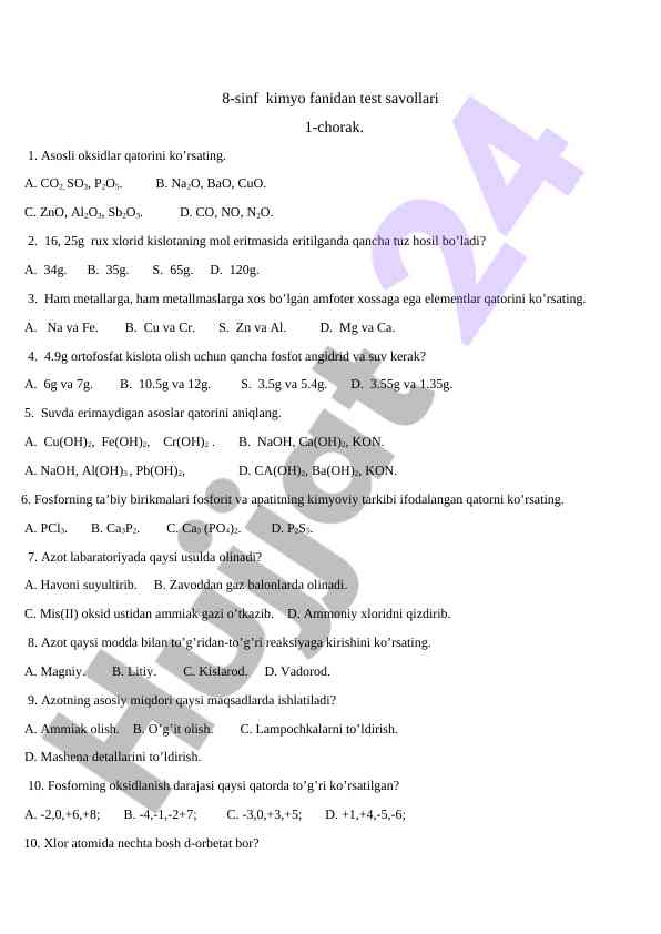 8-sinf kimyo fani test savollari 1-chorak