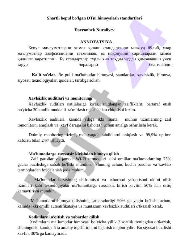 Dtni himoyalash standartlari va ularning ahammiyati